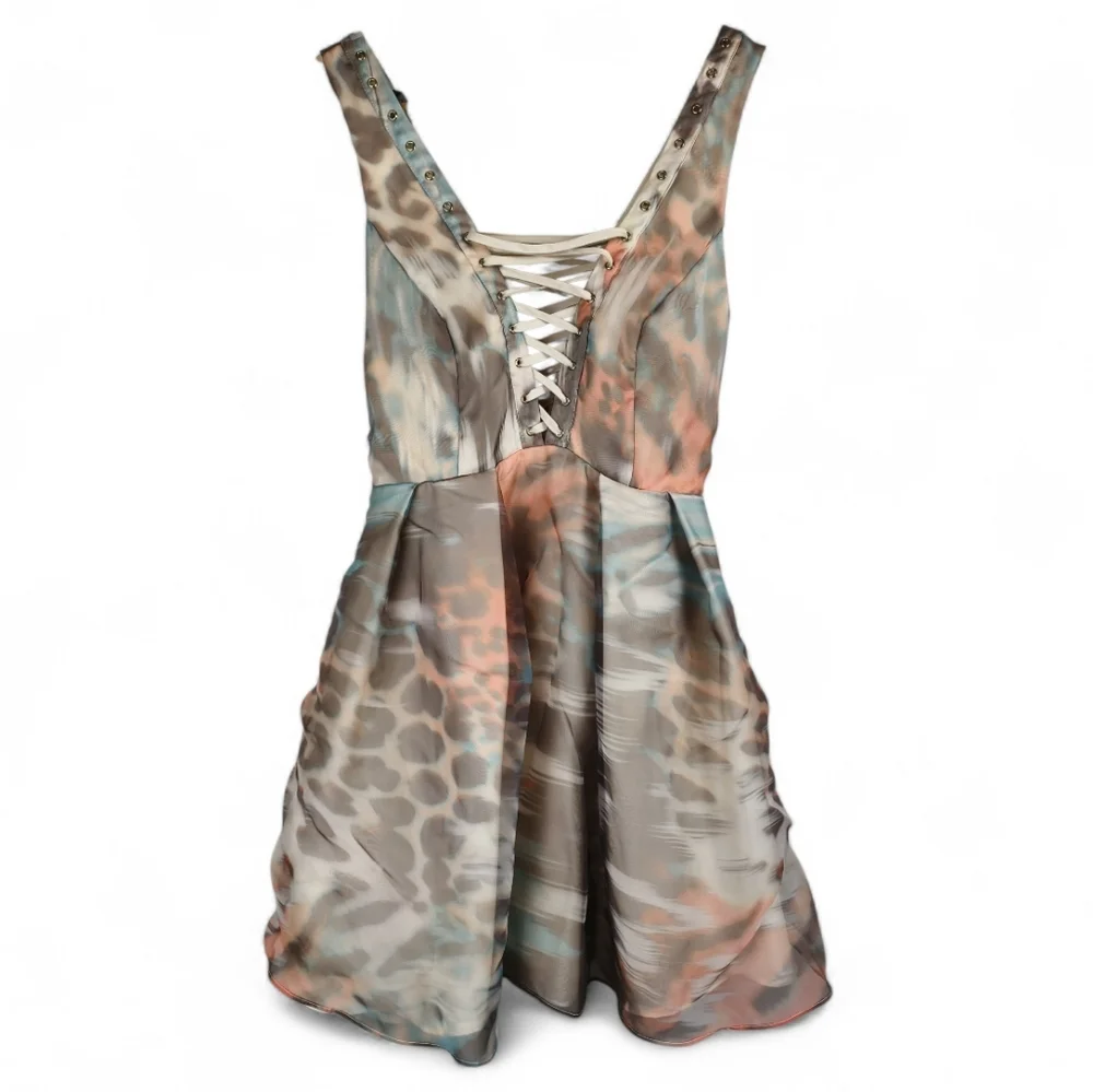 bebe Women US 2 Pastel Animal Watercolor Print Lace-Up Chiffon Mini Dress Party - Picture 6 of 16